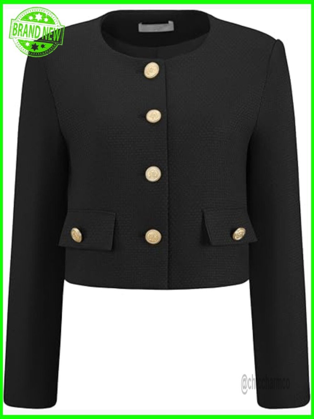 Tweed Collarless Cropped Blazer Jacket Work Office Button Down
